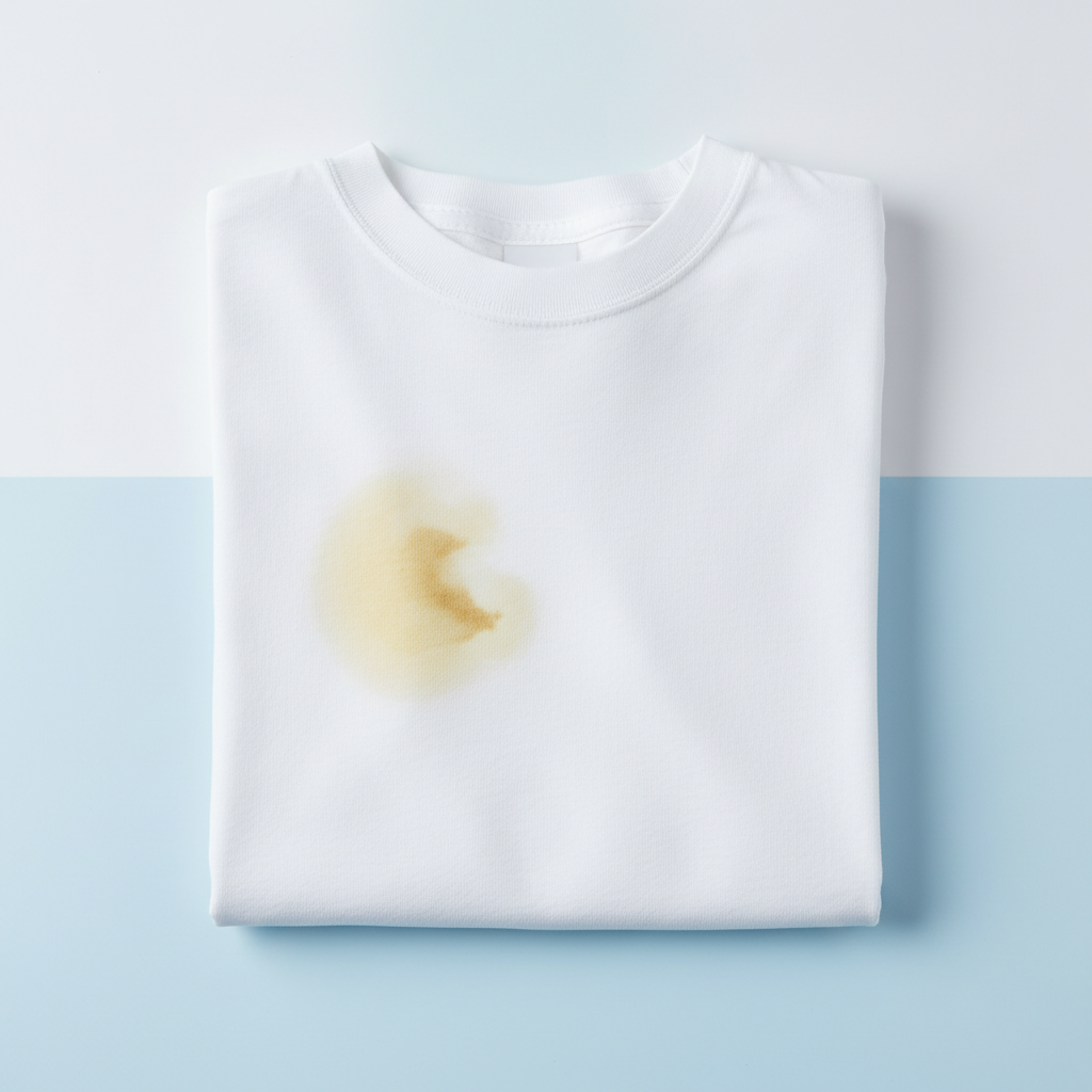 A professional, crisp studio photograph of a perfectly folded, bright white t-shirt, but with a noticeable and distinct yellow-brown sweat stain clearly visible in the armpit region. The fabric texture is visible, emphasizing the embedded nature of the discoloration. The background is clean and minimalistic, perhaps a soft, blurred light blue or white, to make the t-shirt and its stain stand out. The image should evoke the common frustration of stubborn stains on otherwise pristine white clothing.