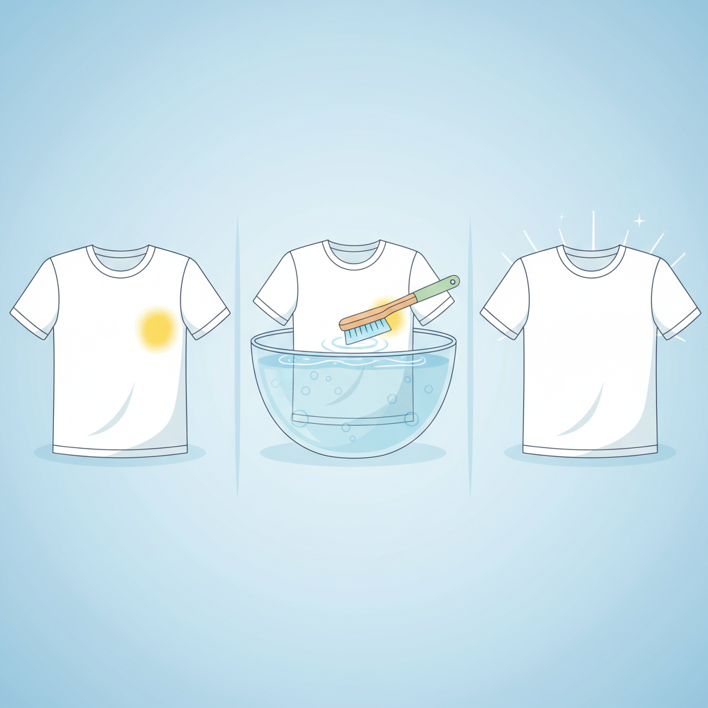 A clean, modern flat illustration depicting a step-by-step conceptual process of stain removal. On the left, a white t-shirt with a prominent yellow armpit stain. In the center, a clear glass bowl filled with a transparent liquid, suggesting a vinegar-water solution, with a gentle bubbling effect. A soft cleaning brush or an old toothbrush is gently interacting with the stained area of a t-shirt submerged in the liquid. On the right, a completely spotless, radiant white t-shirt. The color palette should be bright and optimistic, conveying effectiveness and cleanliness.