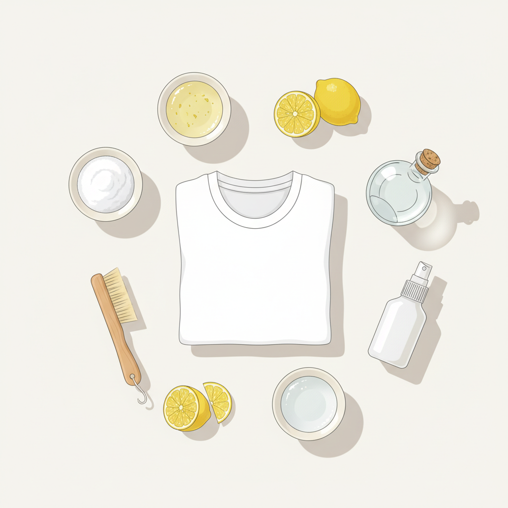 A clean, bright flat lay illustration showcasing various natural home remedies for stain removal. In the center, a pristine, folded white t-shirt or fabric swatch. Arranged neatly around it are small bowls containing white powder (like baking soda), a clear glass bottle with a label-free liquid (representing vinegar), and freshly cut lemon halves or slices. A soft-bristled brush or a simple spray bottle could also be included, hinting at the application process. The background is a clean, minimalist surface. The style is modern, inviting, and clearly communicates 'natural cleaning solutions' in a visually appealing manner.