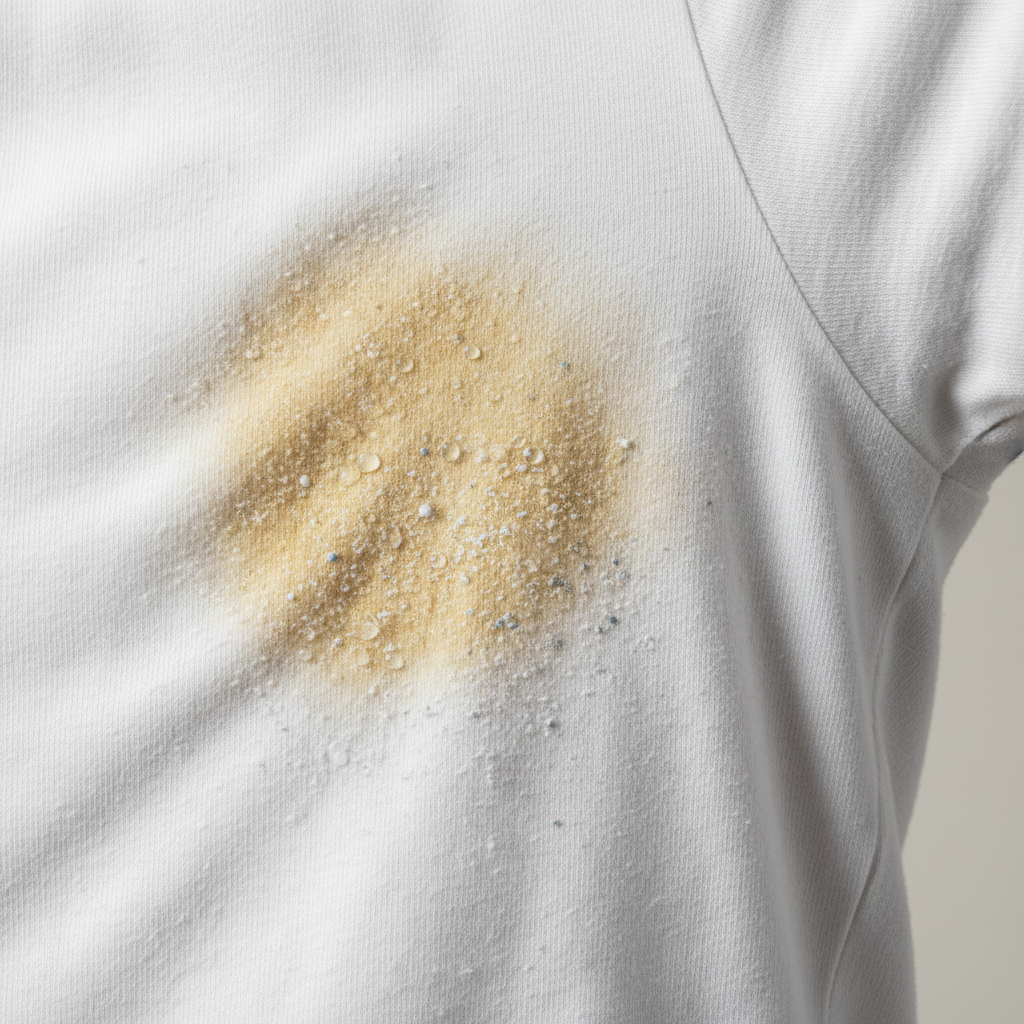 A professional, macro-style studio photograph focusing on the underarm area of a crisp, white cotton t-shirt. The fabric prominently displays a yellowed sweat stain that has dried and discolored the fibers. Subtle, almost microscopic visual cues emanate from the stain, representing its complex composition: tiny translucent droplets symbolizing sweat and body oils, minuscule crystalline structures for minerals, and faint, powdery particles suggesting deodorant residue, all subtly integrated into the fabric's texture. The lighting is clean and sharp, highlighting the stain's texture and color against the pristine white cotton.