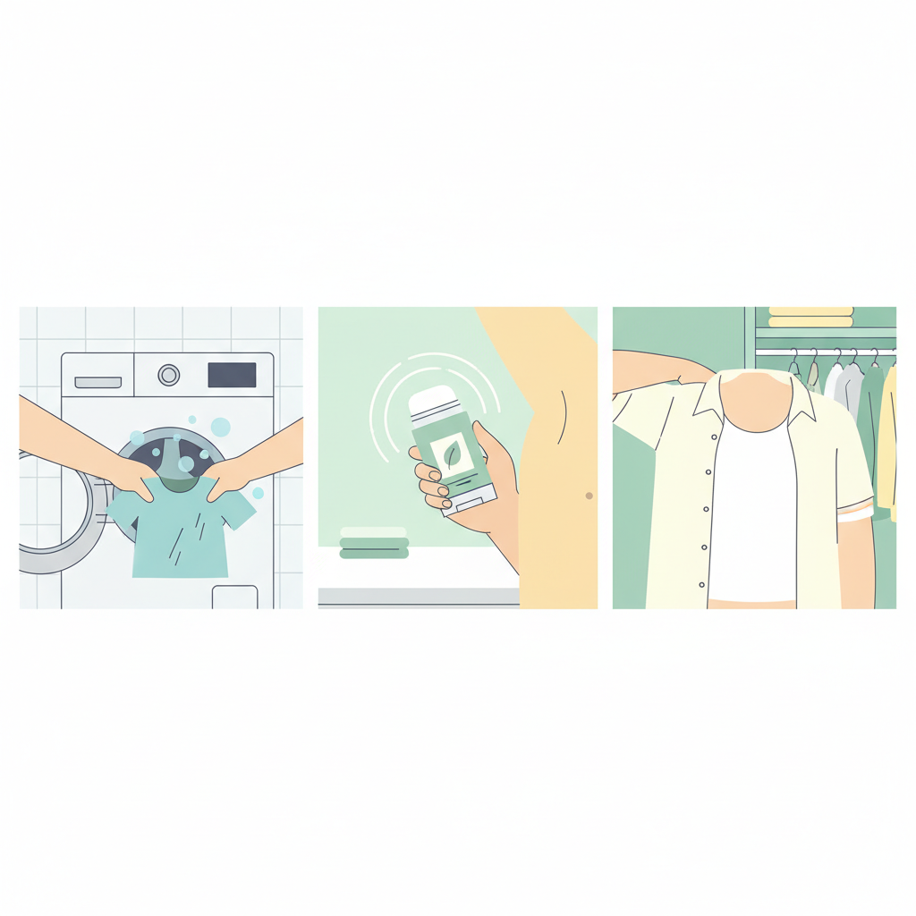 A clean, modern flat illustration presented as a three-panel sequence, depicting key prevention methods against sweat stains. The first panel shows hands placing a light-colored shirt into an open washing machine drum. The second panel illustrates a hand applying a deodorant stick, with a subtle visual cue (e.g., a green leaf or a minimalist 'clean' symbol) suggesting an aluminum-free product. The third panel shows a torso putting on a thin, white undershirt underneath another light-colored garment, clearly demonstrating a protective layer. The overall color palette is fresh, bright, and conveys a sense of cleanliness and proactive care.