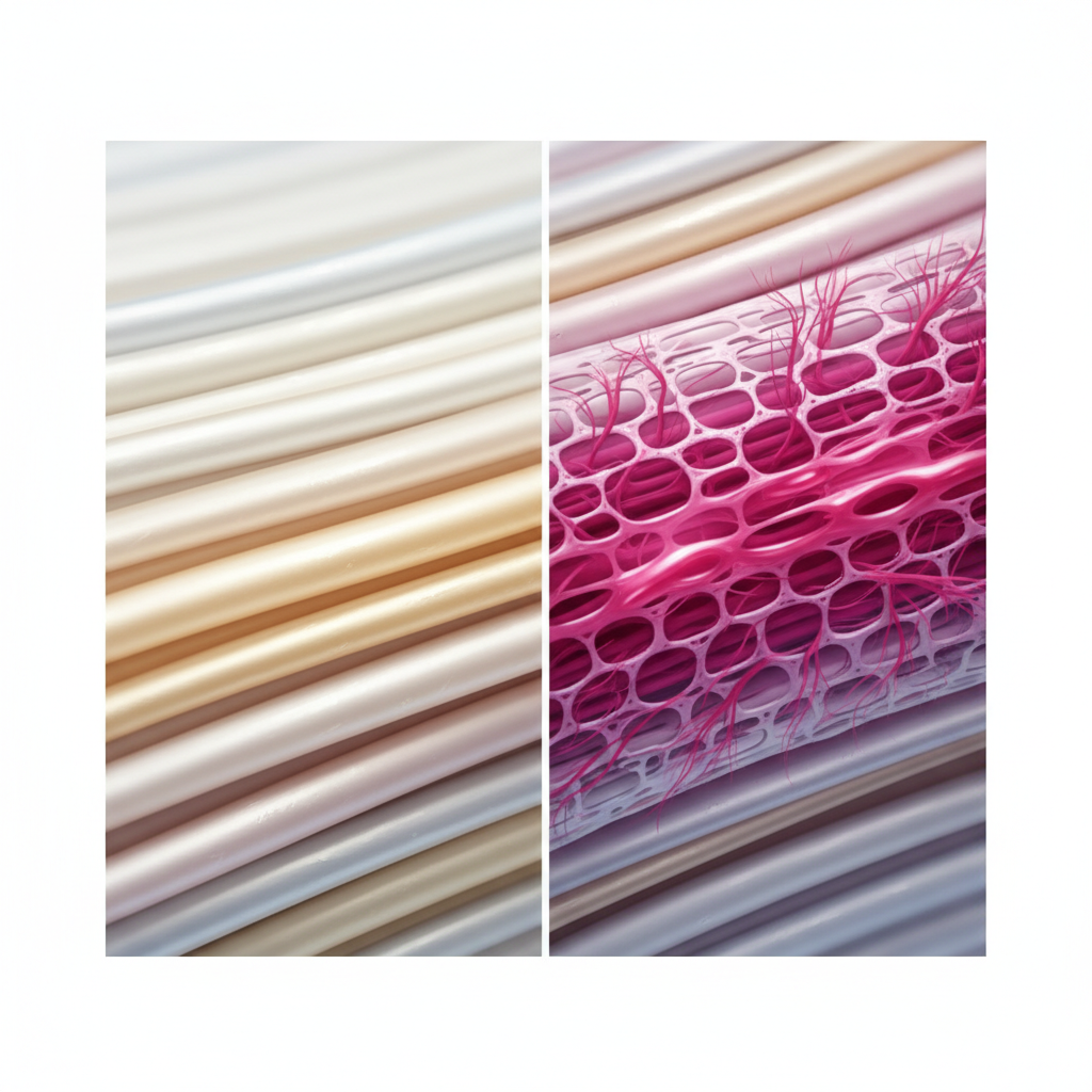 A close-up, abstract illustration depicting the delicate and porous nature of silk fibers. One side shows perfectly smooth, shimmering silk threads, clean and pristine. The other side shows the same fibers, but with microscopic gaps or a slightly open weave, where droplets of a vibrant liquid (representing a stain) are visibly beginning to seep into the structure. Emphasize the contrast between the clean, luxurious feel and the vulnerability to penetration. The overall style should be a modern, clean scientific illustration, perhaps with a soft focus on the clean part and a slightly magnified view on the staining part, using elegant, soft colors.