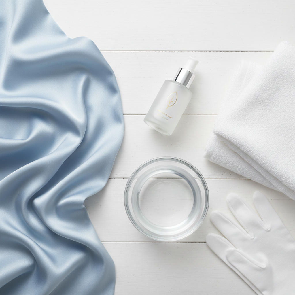 A clean and minimalist flat lay illustration or a bright, airy product photography style image. The composition showcases essential items for delicate silk care laid out neatly on a light, uncluttered surface. Elements include a pristine piece of flowing silk fabric (perhaps light blue or ivory), a small, elegantly designed bottle of pH-neutral silk detergent, a folded soft white towel, a small glass bowl of clear cool water, and a pair of delicate, clean gloves. The overall aesthetic is fresh, hygienic, and emphasizes careful, gentle handling, suggesting the preparation for an effective cleaning process.