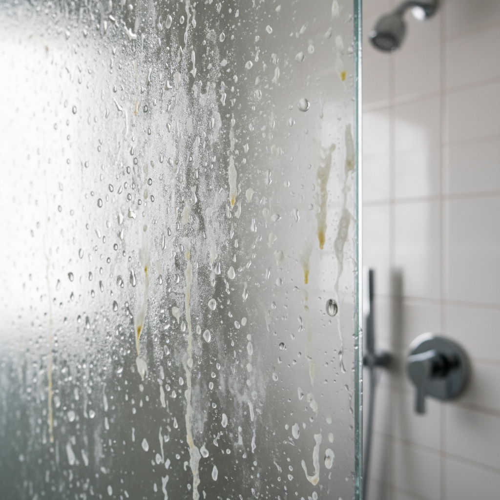 A close-up, professional photo-style image showcasing a section of a glass shower door or ceramic bathroom tile. The surface is visibly covered in hazy, opaque white and slightly yellowish soap scum streaks and water spots, clearly indicating a need for cleaning. Droplets of water are still clinging to the grimy surface, emphasizing the moist environment. The background is softly blurred, hinting at a modern bathroom setting, but the focus is sharply on the unappealing soap residue. The lighting should be slightly harsh to highlight the texture and accumulation of the dirt.