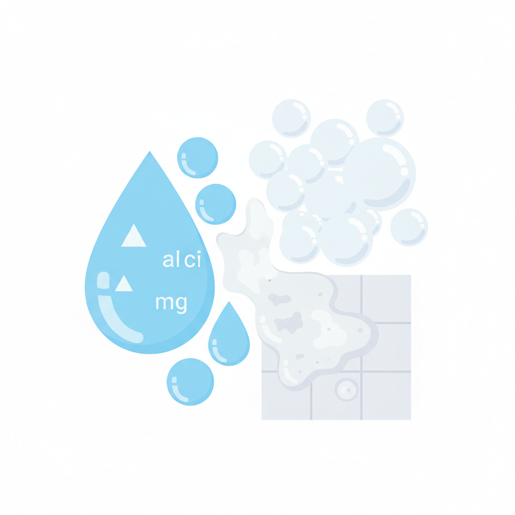 A vibrant, flat illustration depicting the concept of soap scum formation. On one side, stylized water droplets are shown, some containing small, distinct mineral symbols (e.g., tiny geometric shapes representing calcium/magnesium ions). On the other side, soft, white soap bubbles are floating. In the center, these elements are combining and then adhering as a cloudy, slightly textured layer onto a generic bathroom surface, like a simplified tile or sink edge. The colors are clean and bright, but the accumulating residue is depicted with a muted, opaque texture to contrast with the clean elements. The illustration should be simple yet convey the chemical interaction visually.