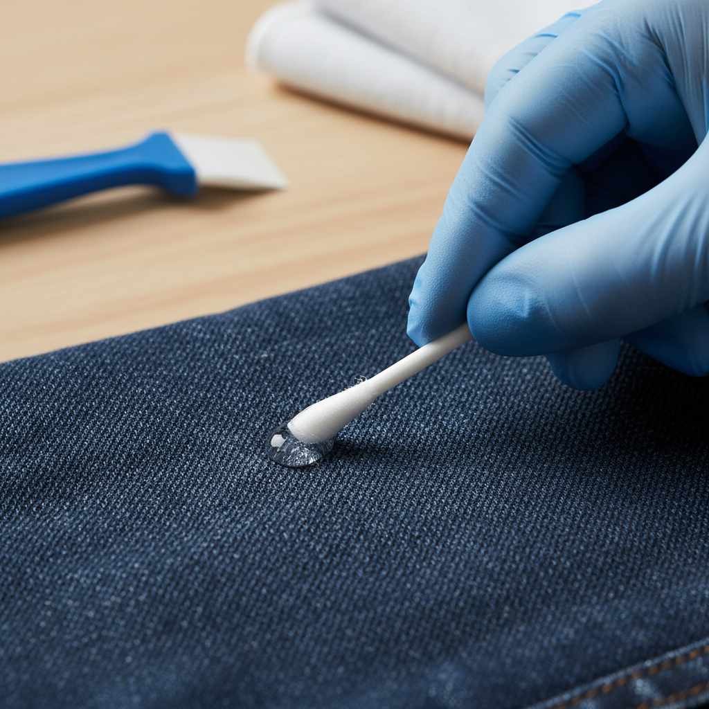 A close-up, professional photo showing a small, hardened, transparent super glue stain on a textured surface, such as dark denim fabric or a polished wooden table. A gloved hand is gently dabbing the stain with a cotton swab soaked in a clear liquid, suggesting careful application of a solvent. In the background, out of focus, are subtle hints of other cleaning tools like a small scraper or a soft cloth, conveying the meticulous process of stain removal. The lighting is bright and focused on the action, highlighting the challenge and the solution.