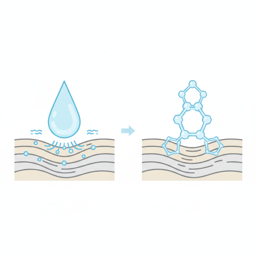 A clean, infographic-style flat illustration depicting the chemical process of super glue adhesion. On one side, show a clear, liquid droplet (representing cyanoacrylate monomer) hovering above an abstract surface. Tiny, stylized 'moisture' particles or wavy lines are shown interacting with the droplet. On the other side, the droplet has transformed into a strong, transparent, interconnected chain-like structure firmly bonded to the surface, symbolizing rapid polymerization. The visual transition should be clear, illustrating the 'before' and 'after' effect of the glue in a simplified, educational manner.