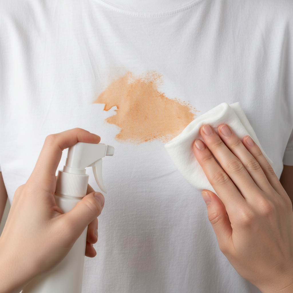 A close-up, brightly lit professional photo of a light-colored, soft fabric garment, such as a crumpled white t-shirt or a pale beige shirt sleeve, clearly displaying a distinct, orange-brown self-tanner stain. In the foreground, a clean hand gently approaches the stained area, holding a spray bottle of stain remover or a damp cloth, suggesting immediate treatment. The background is softly blurred to keep the focus on the fabric and the action of stain removal, emphasizing the contrast between the clean fabric and the imperfection.
