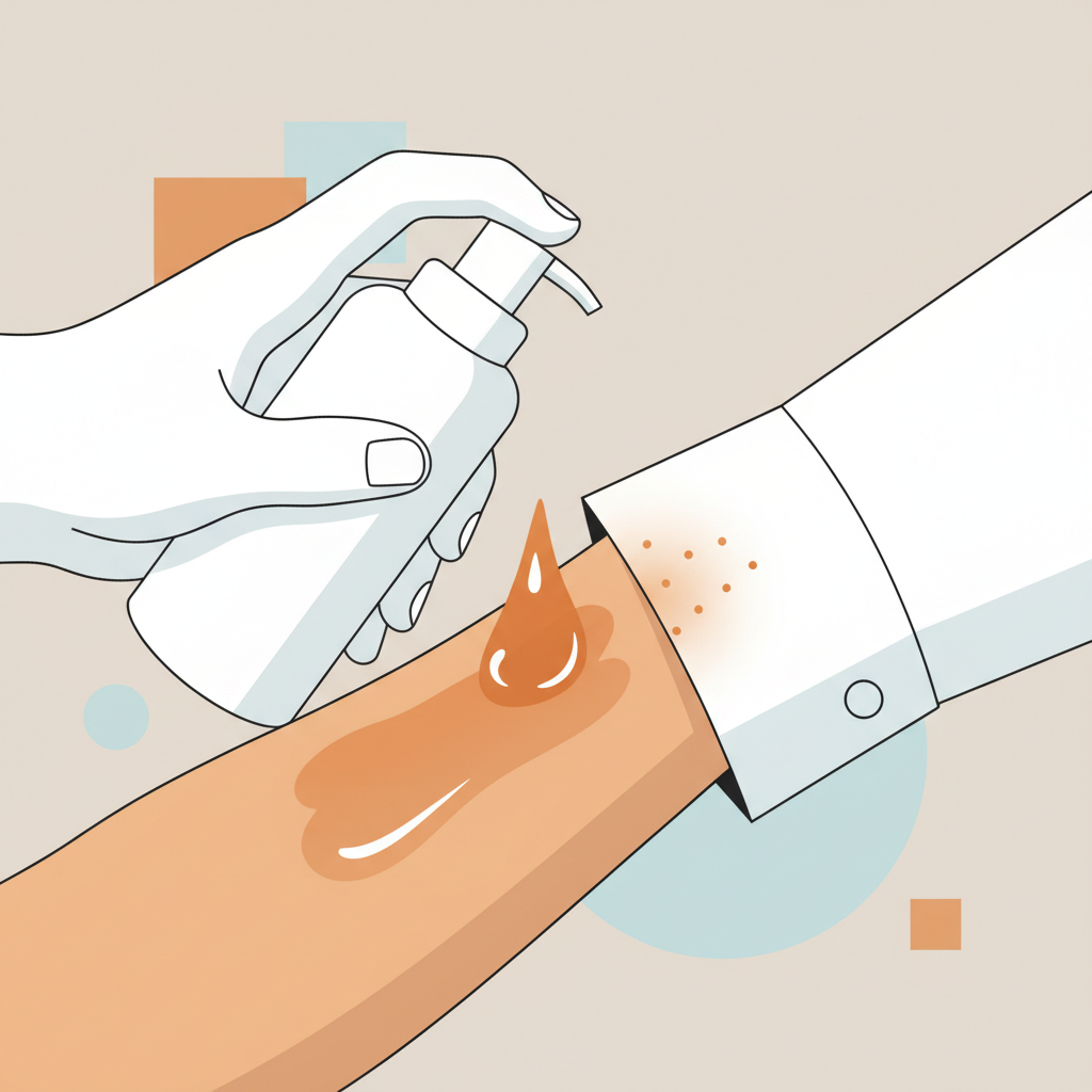 A clean, modern flat illustration in an infographic style, visually explaining how self-tanner stains clothing. The illustration shows a generic hand applying a viscous orange-brown substance (representing self-tanner) onto an arm. Next to it, a piece of clothing, like a shirt cuff or hem, lightly brushes against the still-damp skin. A clear, subtle visual cue, like small dots or a subtle gradient, indicates the transfer of the orange-brown substance from the skin onto the fabric fibers, without showing any chemical reactions directly.