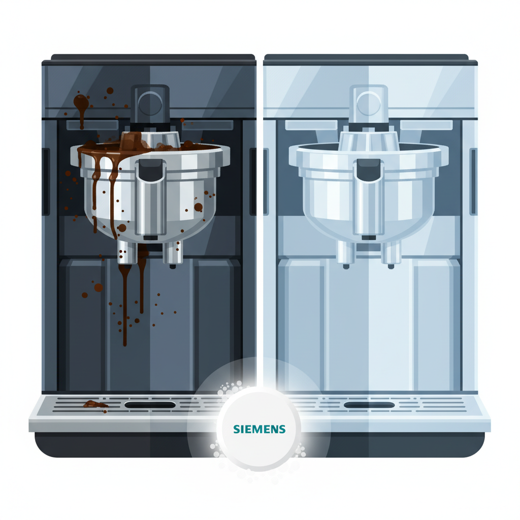A detailed, professional flat illustration in a split-screen or 'before & after' style. On one side, depict a close-up internal view of a dirty coffee machine's brew unit or a dishwasher's spray arm, visibly caked with dark coffee oil residues, grease, and food particles. On the other side, the exact same component appears sparkling clean, shiny, and free of all grime. In the foreground, a single, pristine Siemens cleaning tablet, perhaps with a subtle effervescent effect around it, symbolizing the solution. The overall aesthetic should be bright and clean, emphasizing the contrast.