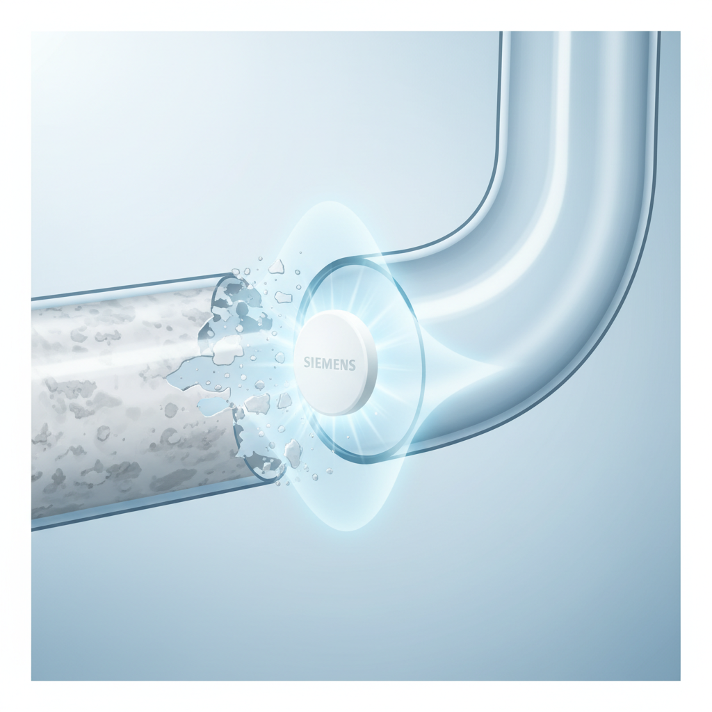 A modern, clear infographic-style illustration depicting a cross-section of a household appliance's internal water pipe or heating element. On one segment, the pipe's interior is visibly coated with thick, irregular white-grey limescale deposits. Progressing along the pipe, a Siemens descaling tablet is shown releasing a translucent, dissolving 'wave' or 'aura' that visibly breaks down and removes the limescale, leaving the subsequent segment of the pipe interior perfectly smooth and clean. Use a palette of cool blues, greys, and whites, with a subtle glow emanating from the tablet and the cleaning action.