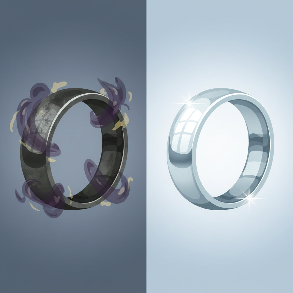 A visually striking flat illustration depicting the concept of silver tarnishing. On one side, a dull, dark, and heavily tarnished silver ring or small decorative object. Around it, subtle, abstract wisps representing sulfur compounds in the air, hinting at the cause of oxidation. A clear, invisible dividing line separates this from the other side, which features the identical silver object, now sparkling, highly polished, and reflecting light brilliantly. The overall aesthetic should be clean, modern, and informative, using a harmonious color palette that highlights the contrast between dull and shiny, emphasizing the 'before and after' effect.