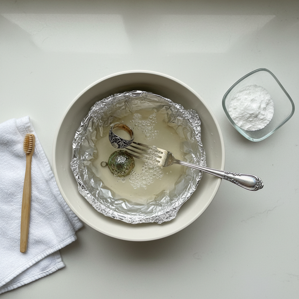 A vibrant flat lay photograph showcasing the essential items for cleaning silver. In the center, a heat-resistant ceramic bowl is lined with crinkled aluminum foil. Inside the bowl, several pieces of tarnished silver items (e.g., a ring, a pendant, a fork) are partially submerged in a warm, slightly effervescent water solution. A small, elegant glass bowl next to the main bowl holds a white powdery substance (baking soda). The background is a clean, light-colored kitchen countertop, with natural light illuminating the scene, emphasizing cleanliness and a do-it-yourself aesthetic. The composition should be tidy and inviting.