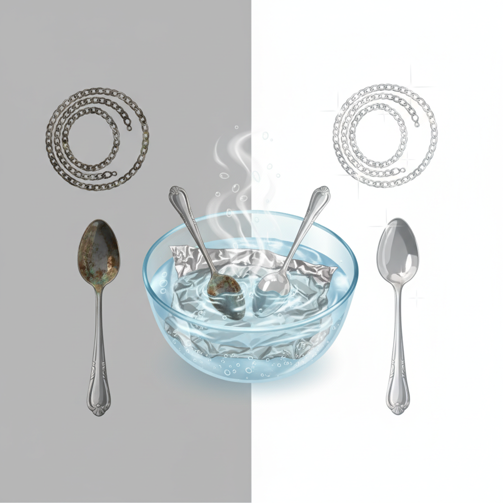 A stylized infographic-style illustration demonstrating the 'before and after' effect of cleaning silver with aluminum foil. On the left side, a collection of severely tarnished silver objects (e.g., a dark, dull necklace, a black-streaked spoon). In the center, a clear glass bowl containing hot water, with a piece of aluminum foil at the bottom and the tarnished silver objects submerged, with subtle visual indicators of a chemical reaction (e.g., very faint ethereal wisps). On the right side, the same silver objects are depicted, now gleaming brightly and sparkling, showing their restored shine. The style should be clean, modern, and visually appealing with a focus on clear contrast.