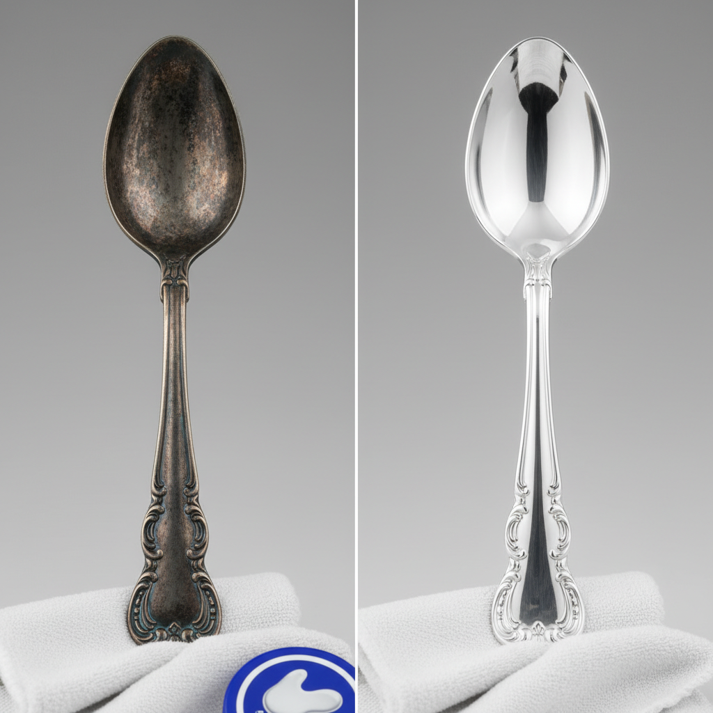 A visually striking split image or side-by-side comparison of a detailed silver object, such as an ornate silver spoon or a small decorative plate. On one side, the object appears dull, dark, and heavily tarnished with a distinct grayish-black layer. On the other side, the identical object gleams brightly, reflecting light with a brilliant, polished shine. In the foreground, slightly blurred, are a soft polishing cloth and a small container of silver polish, subtly suggesting the method used to achieve the transformation. Professional product photography style, emphasizing light reflection and material texture.