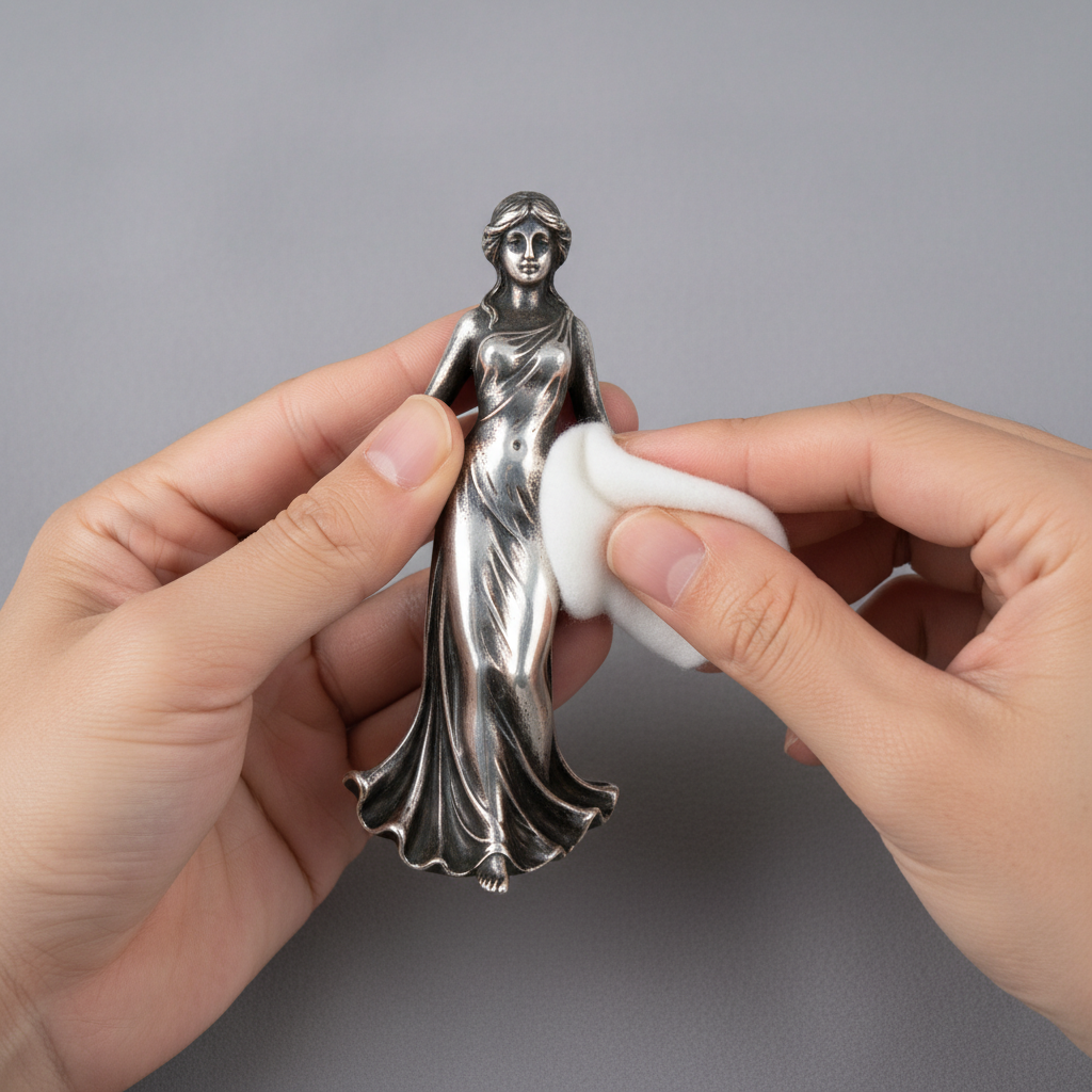 A close-up, top-down view of hands gently polishing a silver object, like a small piece of jewelry or a silver figurine. One hand holds the tarnished silver item, while the other uses a soft, light-colored polishing cloth or a cotton pad applying a small amount of polish. The interaction clearly shows the transformation in progress, with a subtle contrast between the still-tarnished and already-polished sections of the object. The background is clean and minimalistic, allowing focus on the hands, object, and cloth. Clean, well-lit, studio-style photography.
