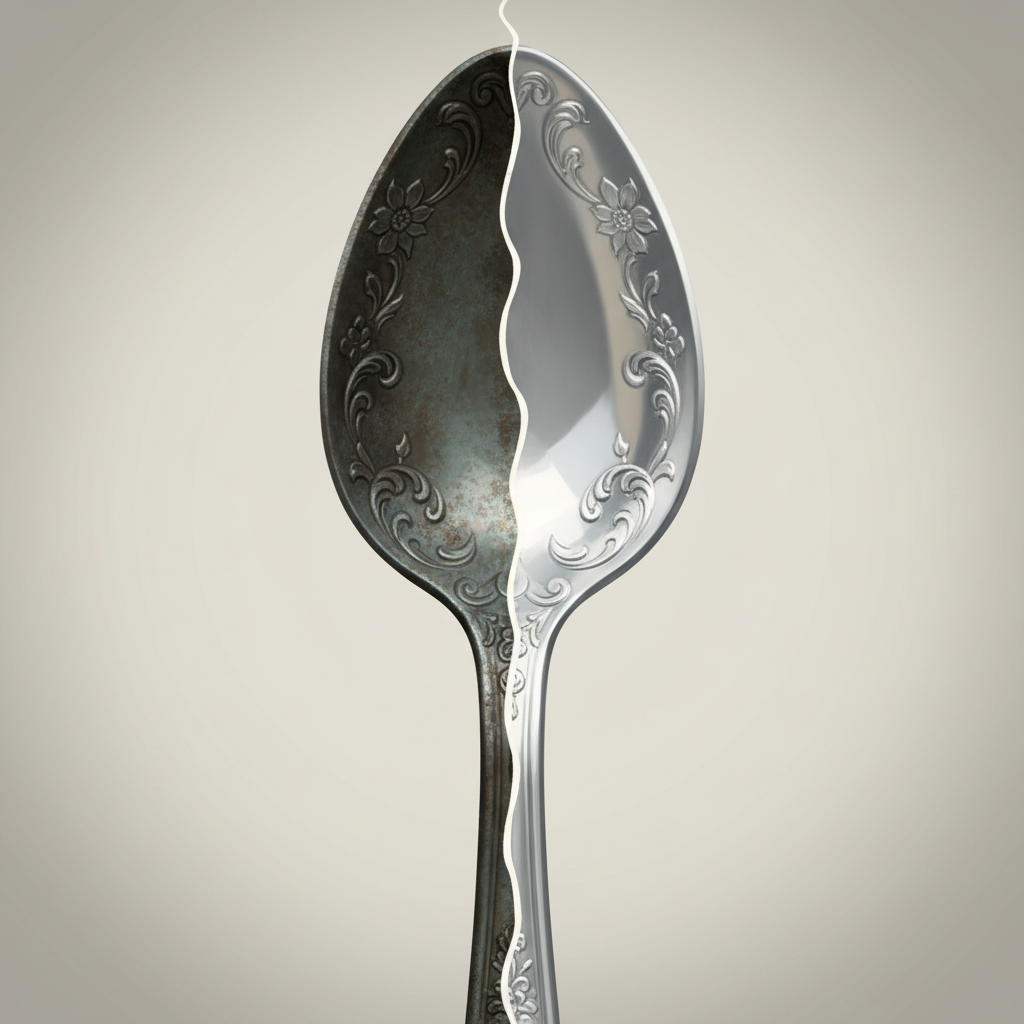 A close-up, split-view illustration of a silver antique spoon. One half of the spoon is visibly dull, dark, and tarnished with a distinct patina, showing the effects of oxidation. The other half is immaculately clean, bright, and highly reflective, gleaming with its original luster. The transition line between the tarnished and clean sections should be sharp but natural, suggesting a recent cleaning. The background is soft and minimalist, allowing the silver to be the sole focus, emphasizing the transformation. Style: Realistic digital illustration with a touch of elegance and clear contrast.