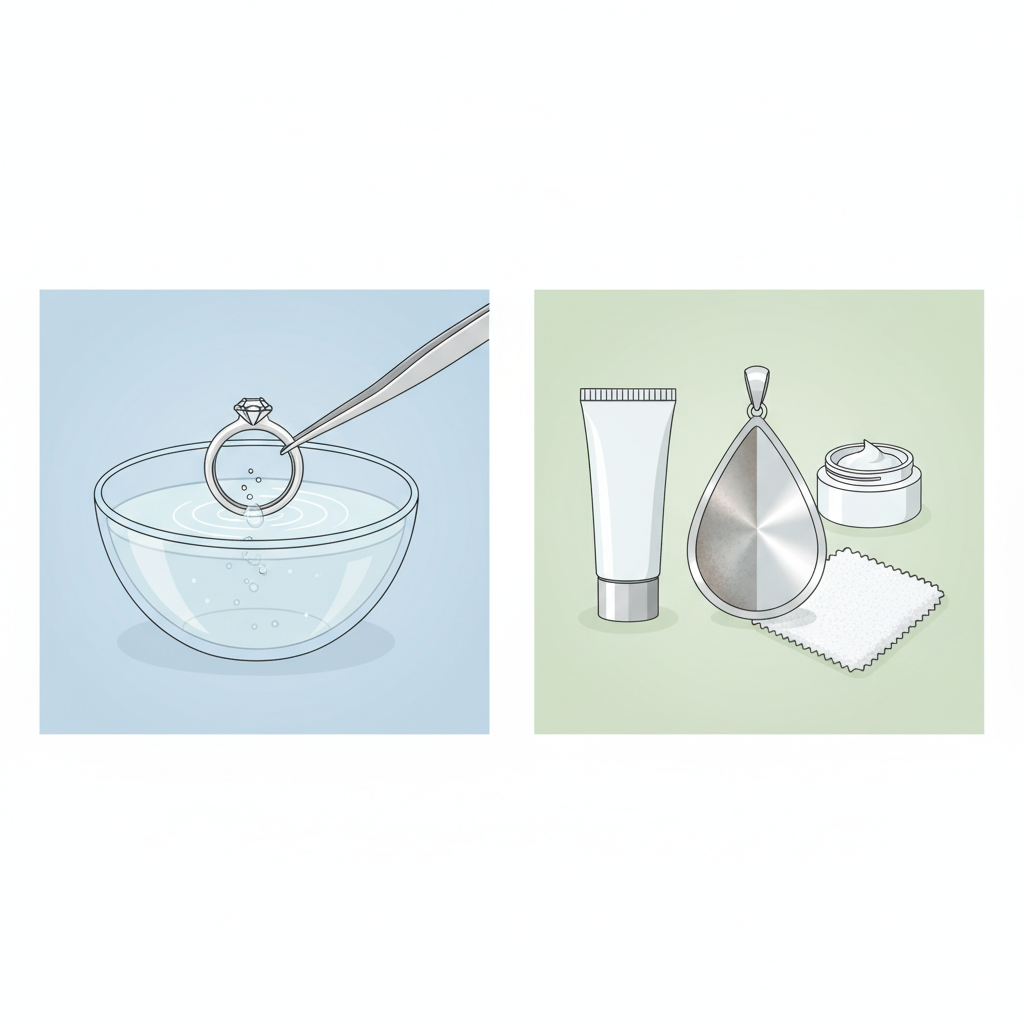 A clean, bright flat illustration showcasing various professional silver cleaning methods. On one side, a small, elegant silver ring is being carefully dipped into a clear liquid bath in a simple glass bowl, with subtle visual cues like tiny bubbles indicating the cleaning process. On the other side, a small tube or jar of silver polishing paste and a soft, white microfibre cloth are positioned next to a silver pendant, which is half-polished to demonstrate the transition from dull to shiny. The overall composition is neat, organized, and conveys effectiveness and ease of use. Style: Modern, clean flat illustration with a focus on clarity.