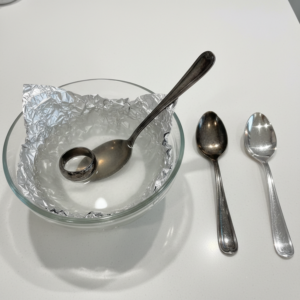 A professional, well-lit photo of a transparent glass bowl lined with crinkled aluminum foil. Inside, a clear, slightly steaming liquid (representing hot water with baking soda) partially submerges several visibly tarnished silver items, such as a dull ring and a dark spoon. Positioned immediately beside the bowl, on a clean, bright surface, are identical silver items, now gleaming brilliantly and sparkling, showcasing the dramatic 'before and after' transformation.