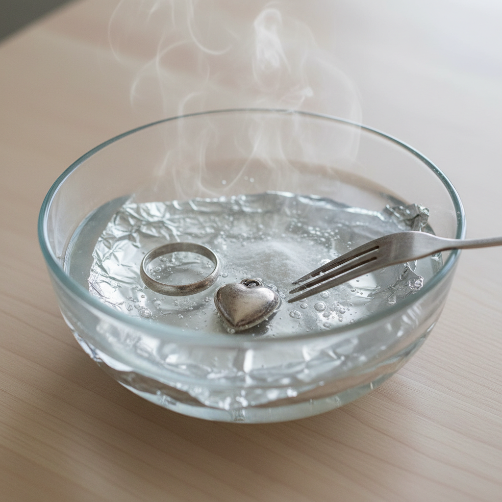 A close-up, professional photo showcasing the simple setup for cleaning silver. A transparent glass bowl is filled with steaming hot water. At the bottom, a sheet of crinkled aluminum foil forms a base. Various tarnished silver items, such as a dull silver ring, a small pendant, and a tarnished fork, are arranged on the foil. A delicate sprinkle of white baking soda crystals is dissolving into the water around the items. The scene should convey cleanliness and the anticipation of restoration, with soft, natural lighting.