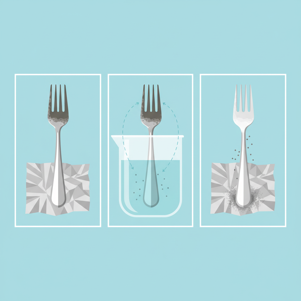 A modern, clean flat illustration depicting the electrochemical reaction. On the left, a tarnished silver object (silver base with a darker, dull layer on top) is shown. A separate piece of aluminum foil is below it. In the middle, both are submerged in a light blue liquid, representing the baking soda solution. Arrows visualize the flow of electrons from the aluminum to the tarnished silver, causing the dark tarnish layer to lift and re-deposit onto the aluminum. On the right, the silver object is now gleaming and bright, with the aluminum foil appearing slightly altered. Use a bright, inviting color palette for clarity.