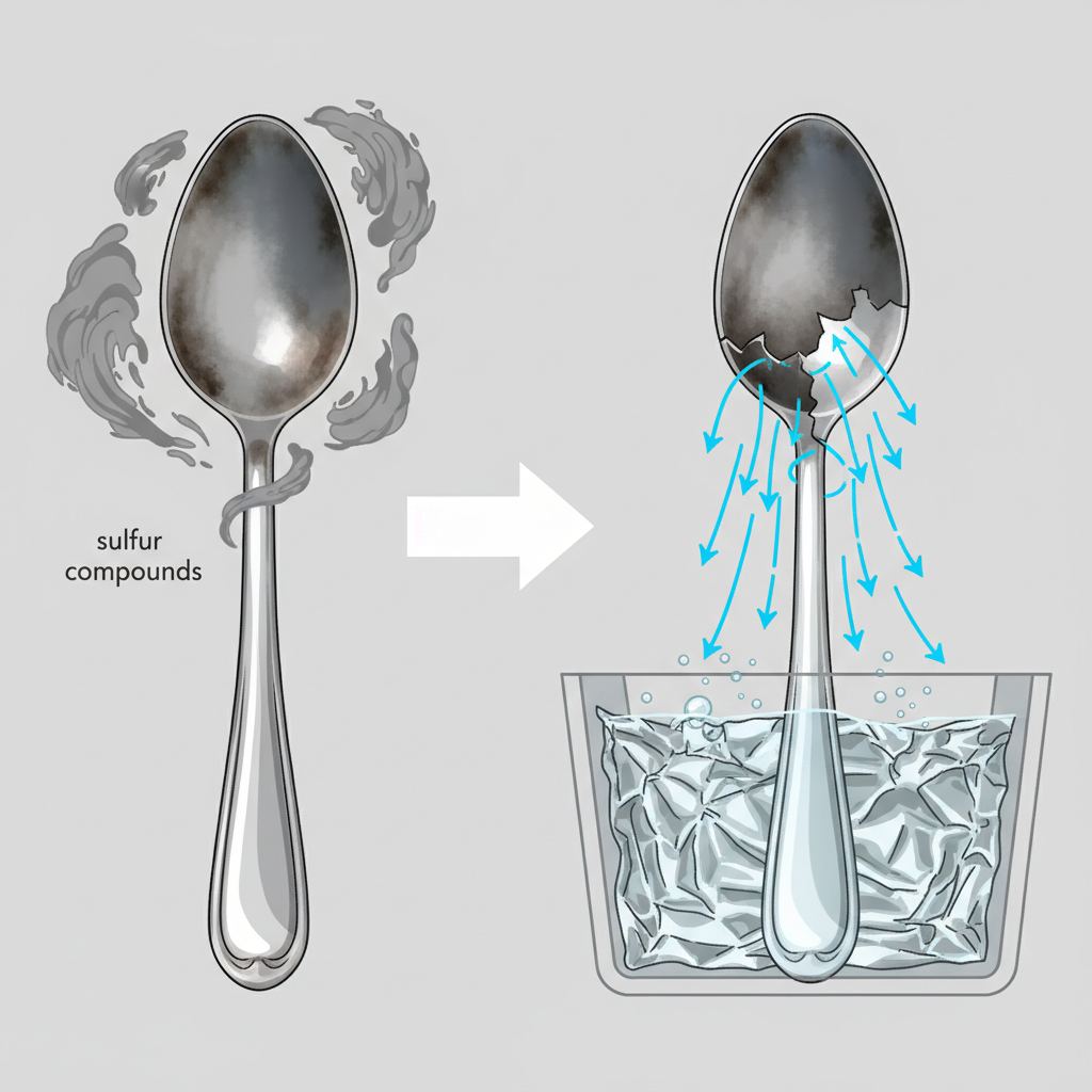 A detailed infographic-style illustration demonstrating the chemical process. On the left, a simplified depiction of a tarnished silver object (e.g., a spoon) shows a distinct, dark grey layer on its surface, with stylized wisps of 'sulfur compounds' subtly floating around it. On the right, a cross-section of a small bath illustrates crinkled aluminum foil, a silver object (with its dark layer), and a bubbling liquid. Clear, abstract arrows visualize electrons moving from the aluminum to the silver, where the dark layer visibly thins and dissipates, revealing a shiny silver surface underneath.