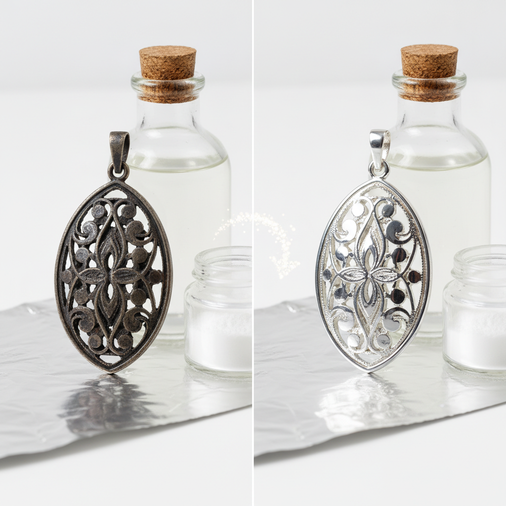 A visually striking 'before and after' comparison illustrating the effect of silver cleaning. On the left, a dull, heavily tarnished silver ring or pendant, showing dark oxidation. An arrow or subtle visual flow points towards the right. On the right, the identical silver object, now sparkling brightly and reflecting light, completely free of tarnish. In the background or subtly placed around the objects, key cleaning elements like a clear glass bottle of vinegar, a small container of baking soda, and a piece of crinkled aluminum foil are visible. Professional product photography style with bright, clean lighting and a shallow depth of field, emphasizing the transformation.