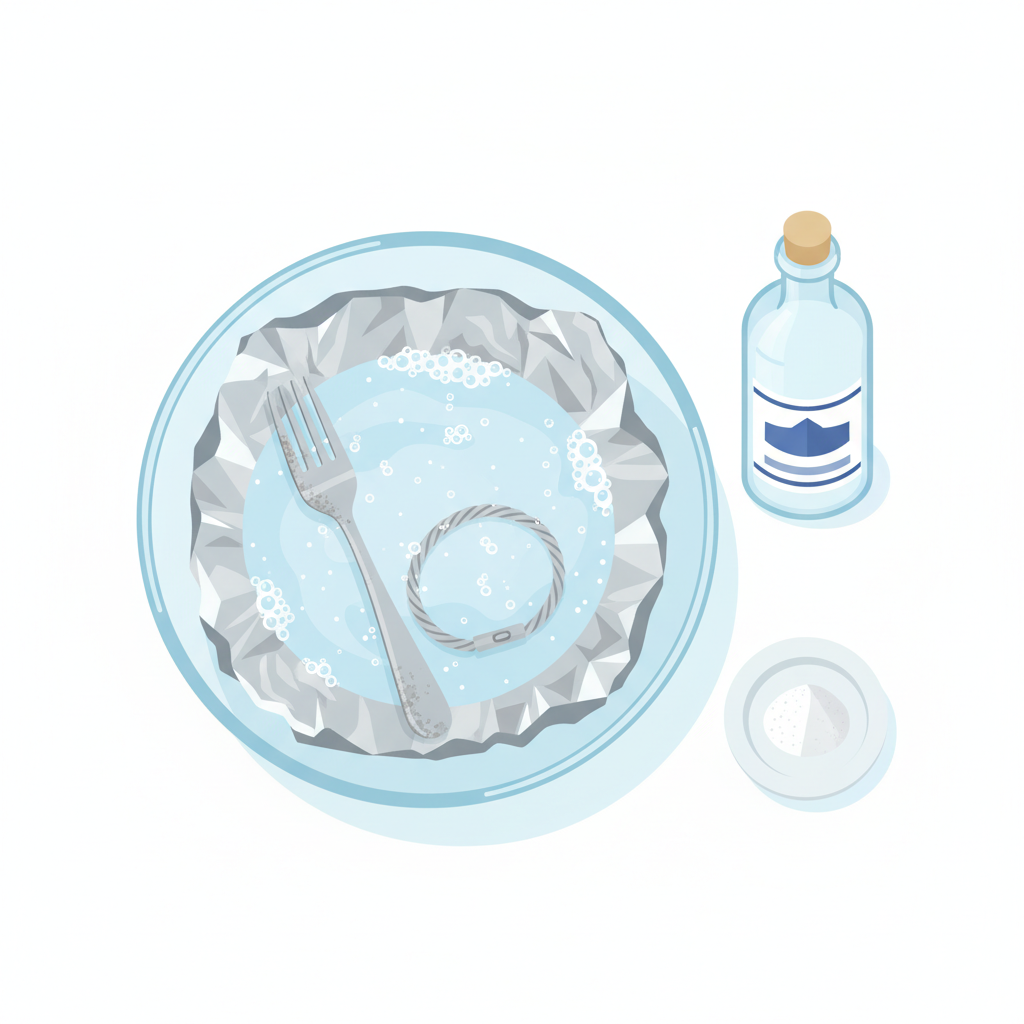 A clear, top-down view of the silver cleaning process using the Essig-Natron-Methode. A transparent glass bowl is visibly lined with crinkled aluminum foil, shiny side facing up. Inside the bowl, a tarnished silver fork or bracelet is submerged in a frothy, bubbling liquid. The liquid shows small bubbles actively forming, indicating a chemical reaction. A bottle of white household vinegar and a small heap of white baking soda are positioned neatly beside the bowl, suggesting the ingredients. The overall style is a clean, modern flat illustration with bright colors and a focus on the active bubbling and the transformation occurring.