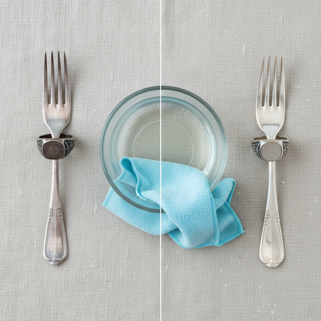 A clean, brightly lit flat lay photo illustrating the 'before and after' of silver cleaning. On the left side of the frame, a tarnished silver ring and a darkened silver fork lie on a neutral linen cloth, appearing dull and dark. On the right side, the exact same ring and fork are shown sparkling brilliantly, reflecting ambient light, having been impeccably cleaned. In the central area, a clear glass bowl filled with a transparent liquid (representing vinegar solution) is visible, with a clean microfiber cloth partially submerged. The composition should convey an effective, simple transformation using common household items.