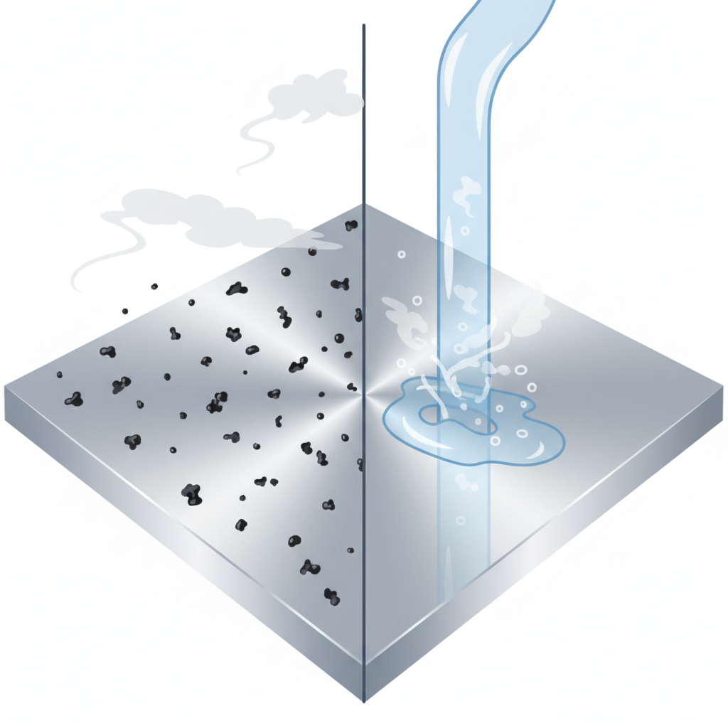 A stylized infographic illustration depicting the chemical process of silver tarnish removal. On the left, an abstract, slightly magnified representation of a silver surface (a smooth, reflective grey plane) is covered with numerous small, dark, irregular particles, symbolizing silversulfid tarnish. Above this tarnished surface, faint, wispy grey clouds or lines represent atmospheric sulfur compounds. On the right, a stream of clear liquid (representing vinegar) is flowing over a similar silver surface. This liquid is actively dissolving or neutralizing the dark tarnish particles, which are shown dissipating into light grey, swirling streaks or bubbles, revealing the pristine, reflective silver surface underneath. Clean, modern vector art style.
