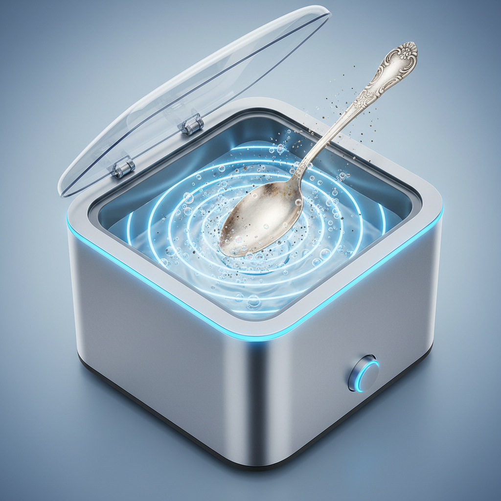 A detailed digital illustration depicting the process of ultrasonic silver cleaning. A sleek, modern ultrasonic cleaning device is shown with its lid open. Inside, a tarnished silver ring or a small piece of silver cutlery is submerged in a shimmering cleaning solution. Microscopic, high-frequency sound waves are visually represented as subtle ripples or energy fields within the liquid, generating numerous tiny, shimmering cavitation bubbles. These bubbles are shown actively imploding near the silver surface, dislodging invisible particles of tarnish (represented as faint dark specks detaching from the silver). The overall impression should be one of advanced, gentle, and effective cleaning.