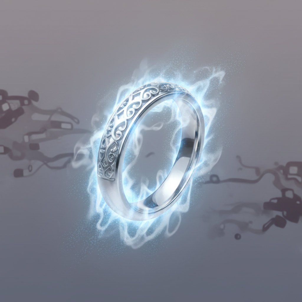 A visually striking high-quality digital illustration showcasing the transformation of silver. A highly detailed and beautifully polished silver object, such as an intricately designed silver ring or a gleaming silver fork, is prominently displayed, radiating a brilliant, almost ethereal glow. The object appears to be emerging from a soft, subtle mist or energy field, symbolizing the ultrasonic cleaning process. In the background, very faint, fading shadows or hints of tarnish are depicted, emphasizing the 'before' state. The overall image should evoke a sense of newfound brilliance, purity, and pristine cleanliness achieved through advanced technology.
