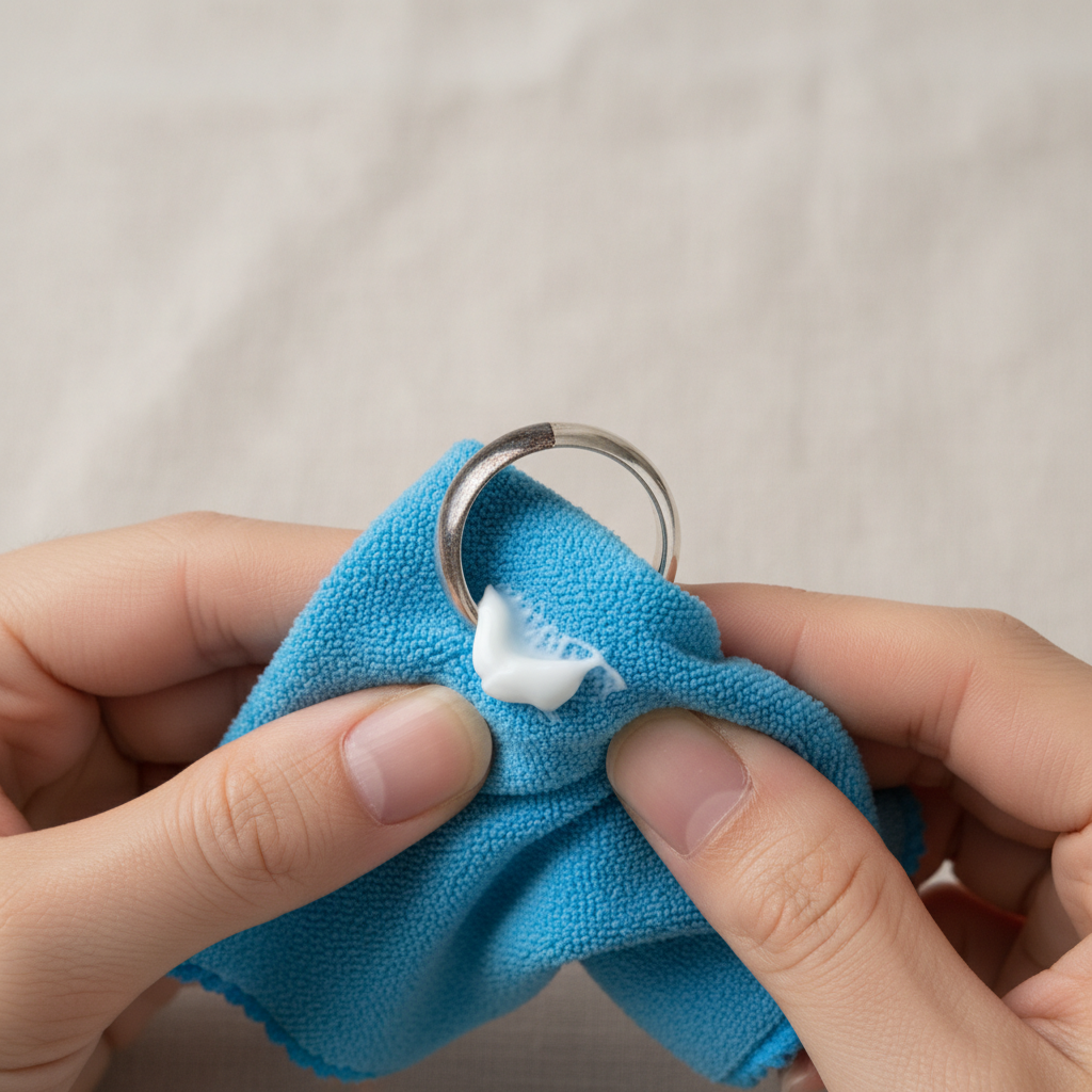 A high-quality, bright product photograph capturing the process of cleaning silver. The scene features a close-up of hands, gently polishing a tarnished silver ring with a small amount of white toothpaste applied to a soft, blue microfiber cloth. One section of the ring clearly shows its dull, darkened, tarnished state, while an adjacent section is already gleaming brightly and reflecting light, showcasing the immediate 'before and after' effect. The background is clean and softly blurred, keeping the focus entirely on the cleaning action and the silver's transformation. Emphasize crisp details on the silver and the texture of the toothpaste and cloth.