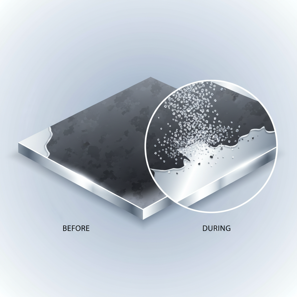 A detailed infographic-style illustration depicting the conceptual process of silver cleaning. The image is divided into two distinct conceptual sections. On one side, a stylized silver surface is shown covered with a thin, dark, dull layer representing tarnished silver (silver sulfide). On the other side, a magnified view illustrates toothpaste's abrasive action: numerous small, subtle granular particles (representing the abrasive elements in toothpaste) are actively scrubbing away the dark tarnished layer from the silver surface, revealing a bright, reflective silver layer underneath. The overall style should be clean, clear, and visually explain the 'before' (tarnish) and 'during' (abrasion) states with simple, elegant graphics.