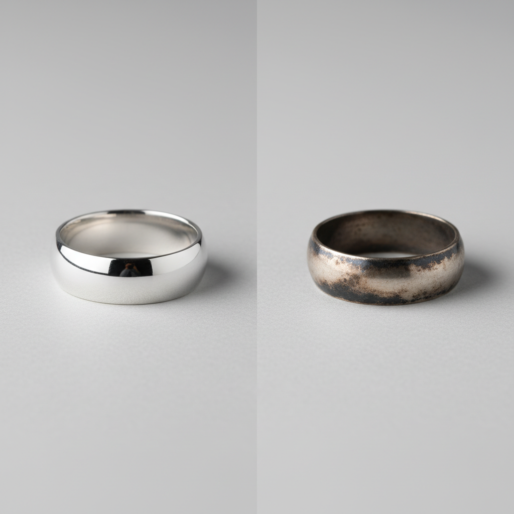 A professional studio photo illustrating the contrast between polished and tarnished silver. The image is split down the middle, or shows a clear 'before and after' comparison. On one side, a gleaming silver ring or delicate pendant lies sparkling on a minimalist, light gray surface, reflecting soft light beautifully and appearing perfectly smooth. On the other side, the identical silver piece is visibly darkened with a dull, matte finish and uneven dark patches, indicating heavy tarnish. The background remains clean and uncluttered, emphasizing the dramatic visual difference and the problem of oxidation.