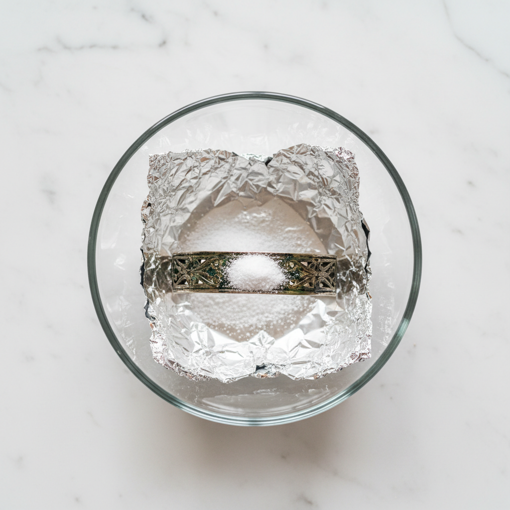 A bright, clear flat lay photograph illustrating the beginning of the aluminum foil and baking soda cleaning method. A small, clear glass bowl is neatly lined with a piece of shiny aluminum foil, glossy side facing upwards. Resting on the foil inside the bowl is a visibly tarnished silver spoon or a delicate silver bracelet. A small mound of white baking soda granules is either being carefully sprinkled over the silver item or already settled on it, suggesting the next step in the gentle cleaning process. The background is a clean, light-colored surface, emphasizing the simple setup.