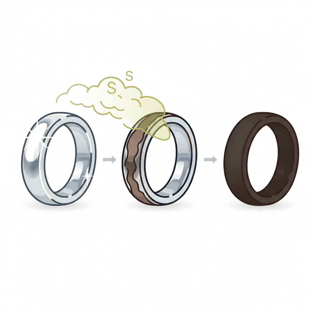 A clear, diagrammatic illustration depicting the process of silver tarnishing. On the left, a gleaming silver ring is shown, reflecting light brightly. A subtle, transparent cloud representing sulfur compounds (H₂S) in the air gently interacts with it. In the center, the silver ring gradually darkens, showing the formation of a dull, brownish-black layer on its surface. On the right, the same silver ring is fully tarnished, looking dull and lusterless. The overall style should be a clean, modern infographic illustration with a slightly scientific aesthetic, using clear visual metaphors for the chemical reaction.