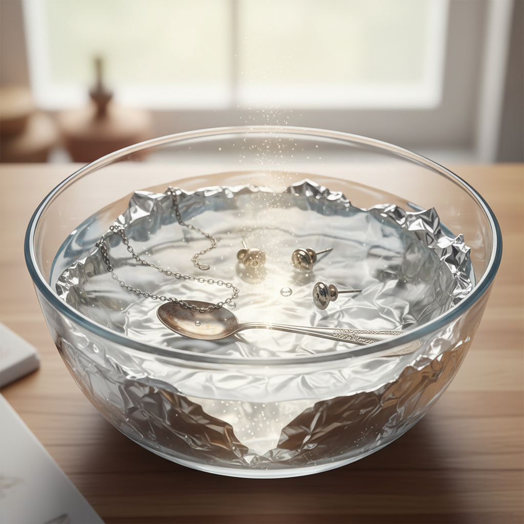 A vibrant, professional photo-style illustration capturing the 'baking soda and aluminum foil' cleaning method in progress. A clear glass bowl is lined with crinkled aluminum foil, shiny side facing up. Warm, clear water is visible inside, with dissolved baking soda creating a subtle, gentle effervescence. Several pieces of tarnished silver jewelry (e.g., a necklace, earrings, and a spoon) are submerged, making clear contact with the aluminum foil. A faint, ethereal glow or very subtle bubbles emanate from the silver, visually suggesting the electrochemical reaction taking place. The background is softly blurred, focusing on the cleaning setup.