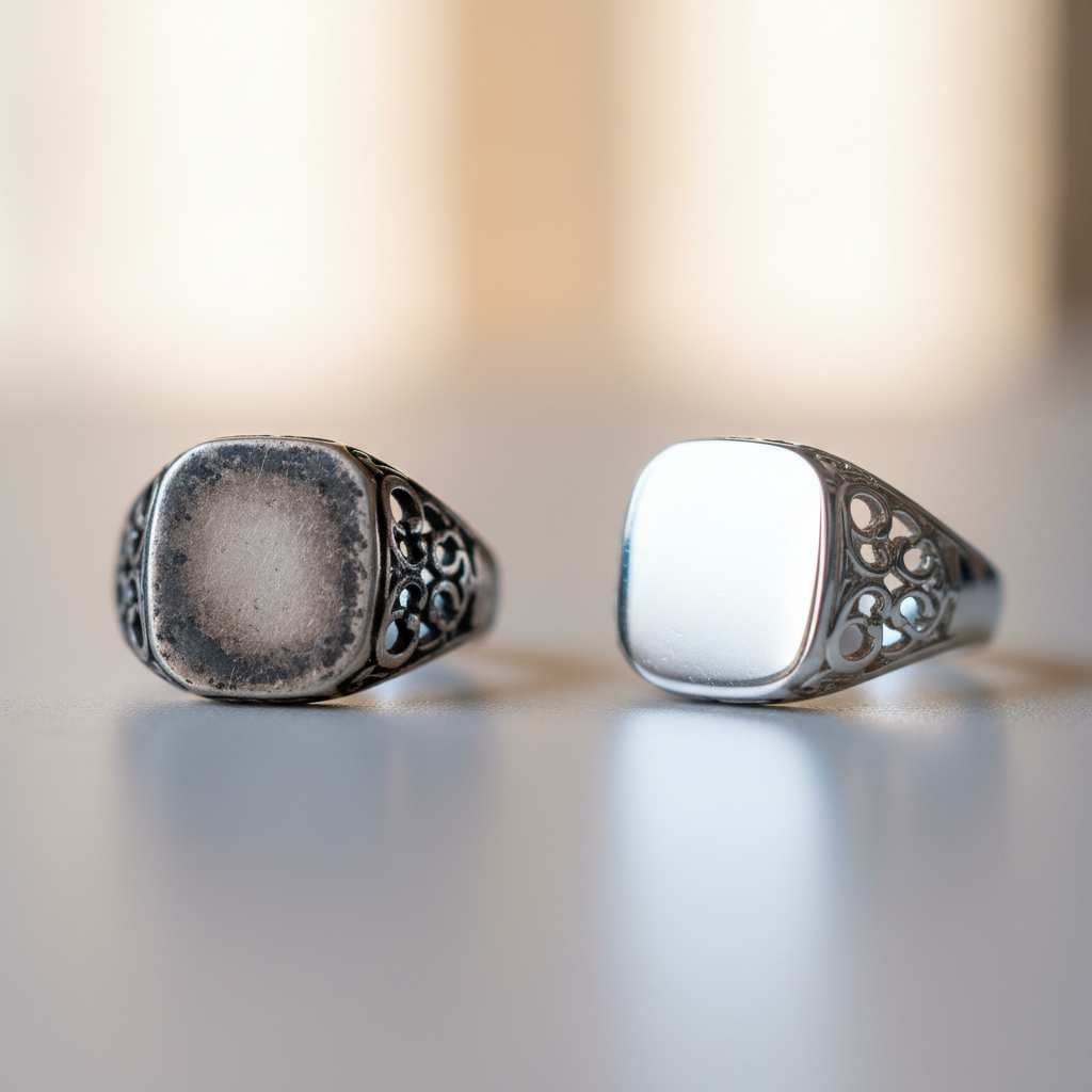 A close-up, high-quality studio photograph featuring a tarnished silver ring or small pendant on one side, displaying dullness and dark, almost black patches caused by oxidation. Juxtaposed next to it, on the other side of the frame, is the identical piece of jewelry, now restored to a brilliant, sparkling silver finish, reflecting light beautifully. The background is clean and softly blurred, highlighting the contrast between the 'before' and 'after' states. Professional photo, macro photography, crisp details, luxurious feel.