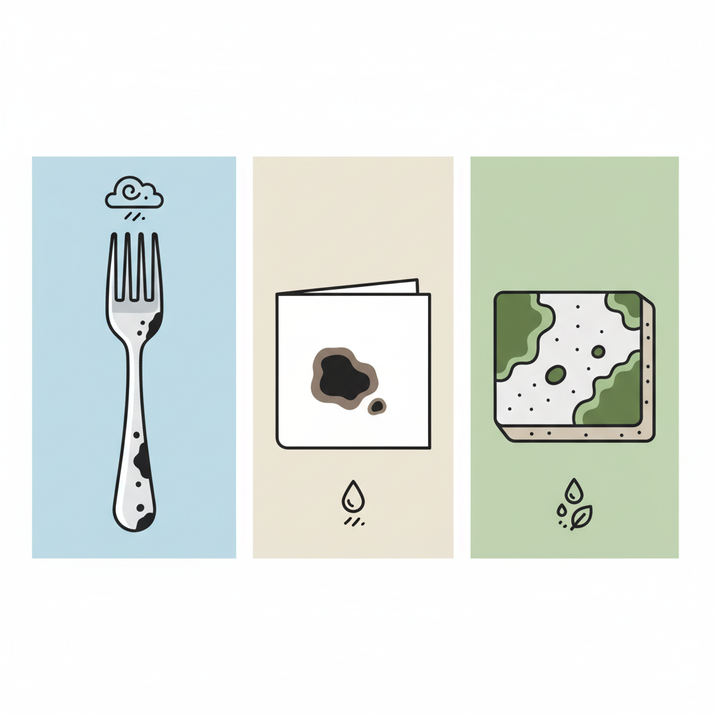 A clear, informative flat illustration depicting the various sources of common black and silver stains. On one side, show a classic silver spoon or fork with distinct black tarnish, with subtle visual indicators of air exposure. In the center, illustrate a segment of fabric (e.g., a white shirt) with a dark, generic dirt or grease stain. On the other side, depict a small section of a damp, slightly textured wall or paving stone exhibiting greenish-black mold or algae growth. Flat illustration, clean lines, infographic style, clear separation between elements, vibrant yet explanatory colors.