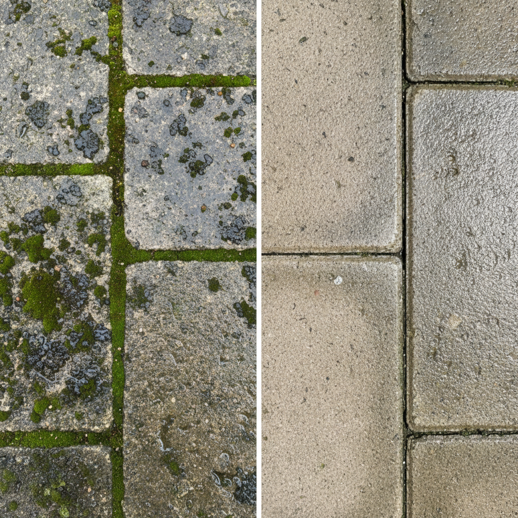 A vibrant, professional photo illustrating a 'before and after' comparison on an outdoor surface. The left side shows a section of weathered grey paving stones heavily covered with patches of vibrant green moss and dark, crusty lichen. The surface appears damp and neglected. The right side seamlessly transitions to show the same paving stones, now sparkling clean, dry, and free of all organic growth, revealing their original muted stone color. A subtle, almost invisible sheen suggests a protective treatment. The overall impression is one of effective restoration and cleanliness.