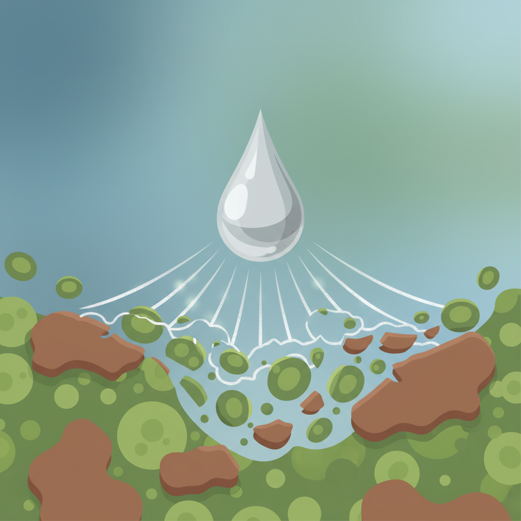 A modern, clean flat illustration depicting the microscopic action of a silver-colored cleaning solution on organic growth. The foreground shows a stylized droplet of silvery-grey liquid falling onto a textured surface, which is covered with small, abstract representations of green moss and brown lichen cells. From the liquid droplet, subtle, energetic silver particles or wave patterns emanate, visually dissolving or breaking apart the cellular structures of the moss and lichen. The background is a soft, muted color, emphasizing the dynamic interaction in the foreground, symbolizing effective biozide action.