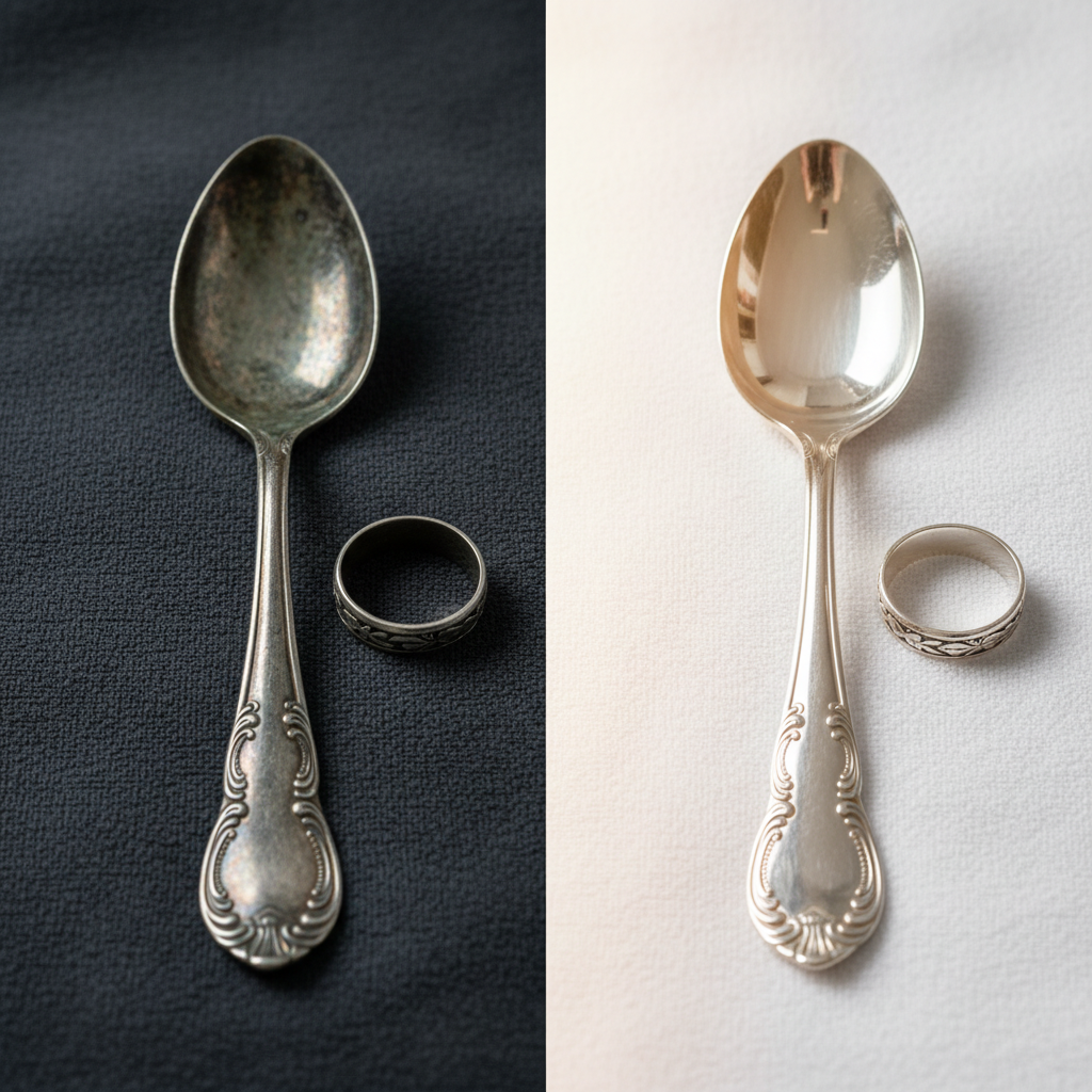 A visually striking split-screen or 'before and after' image. On the left, a tarnished silver antique spoon and a dull silver ring lay on a dark cloth, showcasing heavy oxidation and lack of shine. On the right, the exact same spoon and ring are presented brilliantly polished, sparkling with reflections, lying on a pristine white cloth. A soft glow emanates from the clean silver. The overall composition emphasizes the dramatic transformation from dull to dazzling, capturing the essence of effective silver cleaning. Professional product photography style with a shallow depth of field.