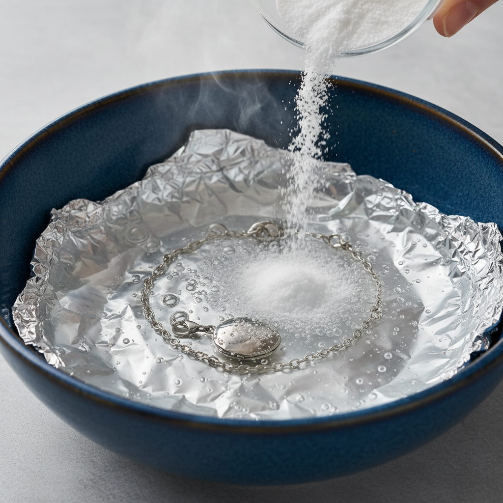 A close-up, dynamic shot illustrating the home remedy silver cleaning method. A deep ceramic bowl, partially lined with crinkled aluminum foil, contains a silver bracelet or small silver pendant submerged in hot, gently bubbling water. White crystalline powder (representing baking soda) is visible dissolving in the water. Subtle steam rises from the water, conveying heat. The silver item itself should visually indicate a cleaning process in progress, perhaps with some areas still showing tarnish and others already beginning to shine. Realistic, bright, and clean photography style.