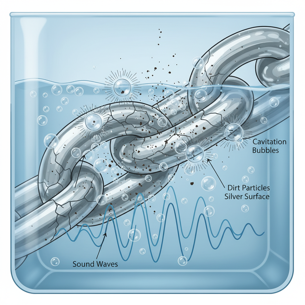 A sophisticated, detailed scientific illustration showcasing the microscopic process of ultrasonic cleaning on silver jewelry. The image should feature a magnified cross-section of a silver surface, perhaps a chain link or an intricate carving, submerged in a transparent cleaning solution within an ultrasonic device. High-frequency sound waves emanate from below, creating numerous tiny, rapidly collapsing bubbles (cavitation) near the silver's surface. These imploding bubbles are depicted dislodging microscopic particles of tarnish and dirt from the silver, floating away into the liquid. The style should be clean, precise, and educational.