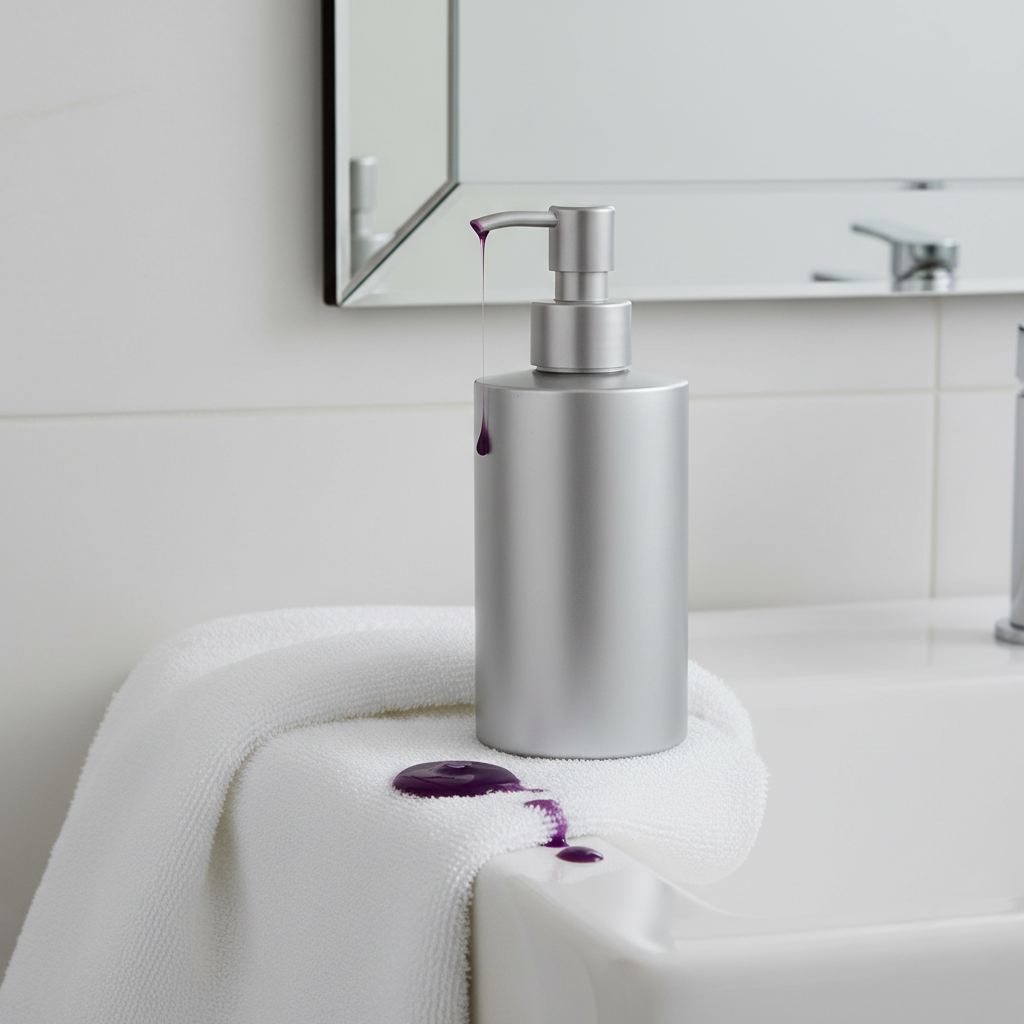 A high-quality, professional photo set in a clean, bright bathroom. A sleek, modern bottle of purple or silver shampoo stands on the edge of a pristine white porcelain sink. A vivid purple liquid droplet has clearly dripped from the bottle, forming a distinct, fresh stain on a folded, fluffy white bath towel draped next to the sink, with a faint mark also visible on the sink's surface. The scene perfectly captures the common accidental spill.