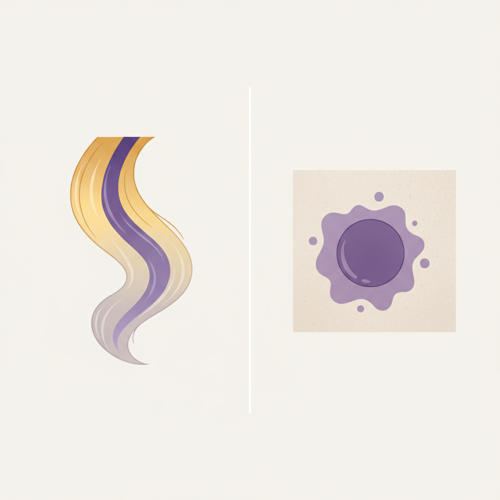 A clean, modern flat illustration divided into two conceptual panels. The left panel shows a stylized blonde hair strand, initially depicted with yellow undertones, being 'neutralized' by a stream of purple liquid, resulting in a cooler, ashy blonde appearance. The right panel depicts a single, concentrated drop of the vibrant purple liquid landing and spreading slightly on a generic light-colored, porous surface like a fabric swatch or an unglazed tile, creating an obvious, unwelcome stain. The illustration uses a limited, clear color palette focusing on purple, yellow, and white/neutral tones.