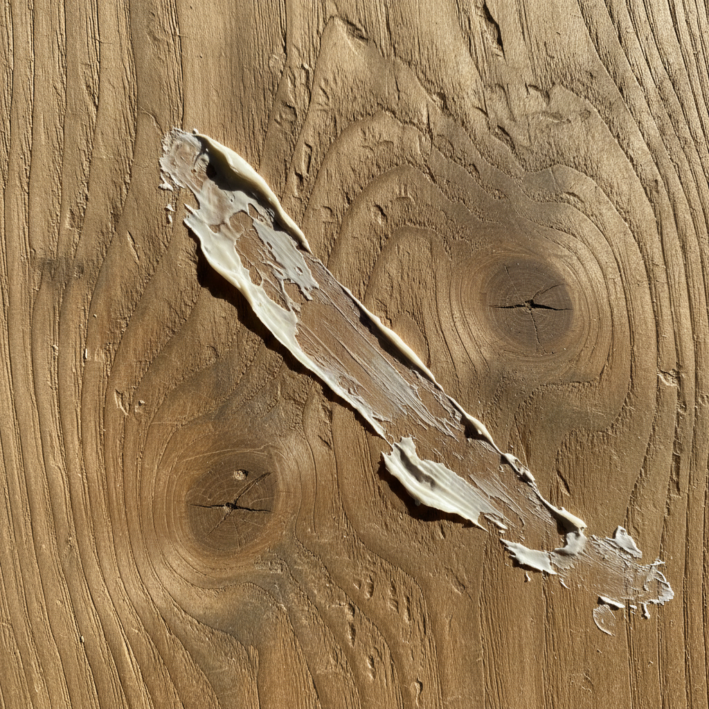 A close-up, high-detail professional photo of a wooden surface, like an oak floorboard or a natural wood tabletop. A noticeable, dried blob or thick streak of translucent or off-white silicone adheres stubbornly to the wood grain. The image should emphasize the contrast between the smooth, natural texture of the wood and the slightly rubbery, intrusive appearance of the silicone, suggesting its difficult adherence without any tools present. The lighting should highlight the texture of both materials.