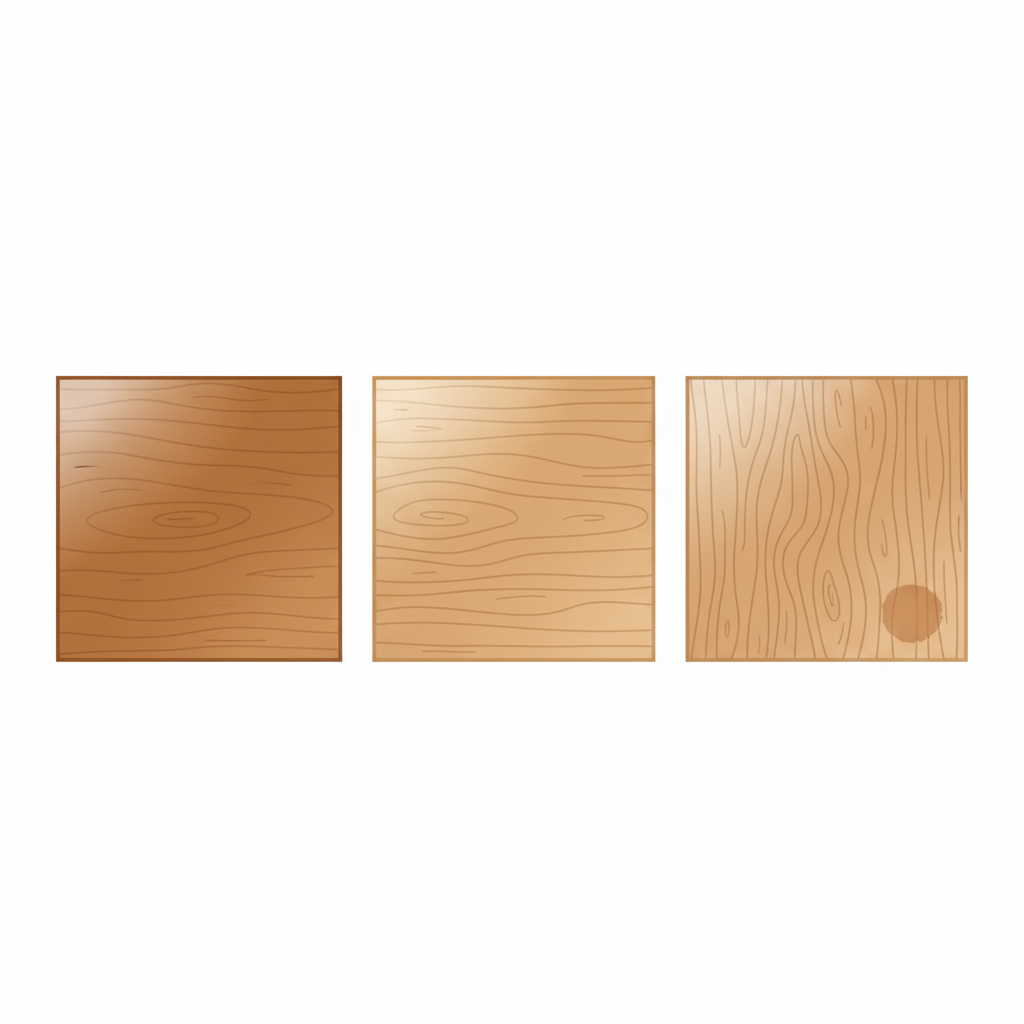 A clean, modern flat illustration depicting a triptych of distinct wood samples. The left panel shows lacquered wood with a shiny finish, the middle panel shows oiled or waxed wood with a soft, matte sheen, and the right panel displays untreated, raw wood with a visible grain and porous texture. On the bottom right corner of the untreated wood panel, a subtle, small, test patch area is visible, perhaps slightly damp or discolored, implying a test application without showing the action itself. Emphasize the different textures and finishes clearly.