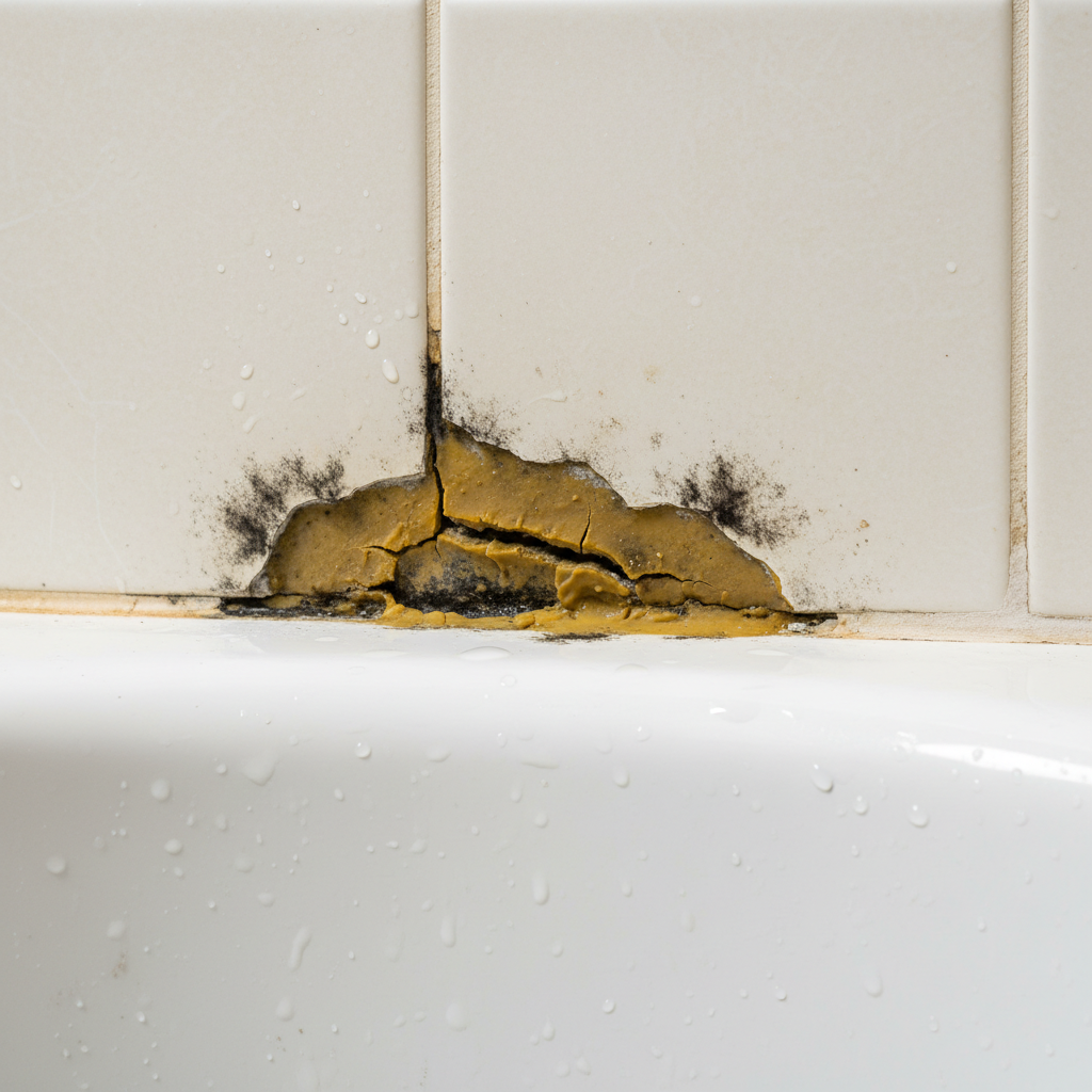 A close-up, high-definition photograph of a bathroom corner where a white bathtub meets light-colored ceramic tiles. The focus is on a section of old, severely damaged silicone caulk. The silicone appears distinctly yellowed, cracked in multiple places, and has prominent patches of black mold growing on and around it. Small water droplets are visible clinging to the tile surface near the damaged caulk, hinting at moisture problems. The overall impression is one of neglect and the urgent need for repair. The lighting is bright and clear, highlighting the imperfections. Professional photo, realistic detail.